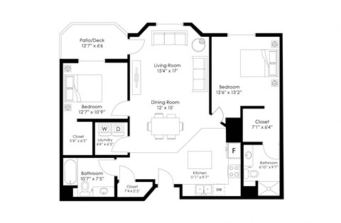 Floor plan for 2 beds, 2 baths, 1128 sqft
